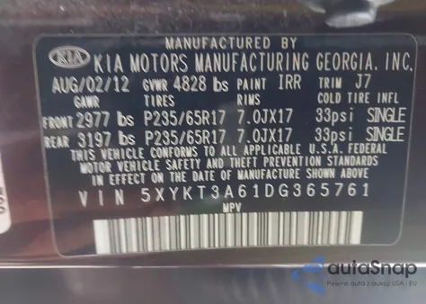 2013 Kia Sorento Lx from USA, damaged, VIN 5XYKT3A61DG365761